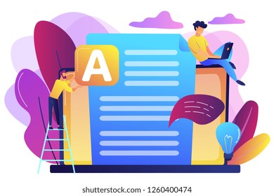 Copywriter at huge laptop writting creative advertising text. Copywriting job, home based copywriter, freelance copywriting concept. Bright vibrant violet vector isolated illustration
