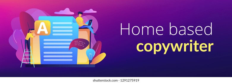 Copywriter at huge laptop writting creative advertising text. Copywriting job, home based copywriter, freelance copywriting concept. Header or footer banner template with copy space.
