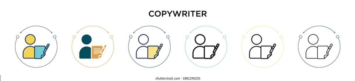 Icono de redactor de copias en estilo relleno, delgado, contorno y trazo. Ilustración vectorial de dos iconos vectoriales coloreados y negros se pueden utilizar para móviles, ui, web