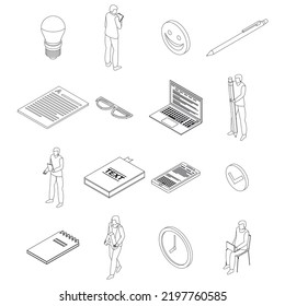 Copywriter icons set. Isometric set of copywriter vector icons outline thin lne isolated on white