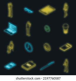 Copywriter icons set. Isometric set of copywriter vector icons neon color on black