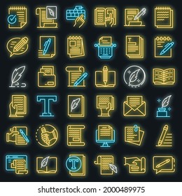 Copywriter icons set. Outline set of copywriter vector icons neon color on black