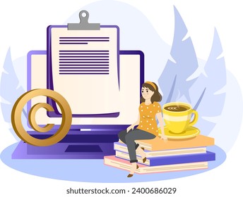 Copywriter illustration. Editor and copywriting services online. Tiny people copywriters checking grammar and spelling document page. Vector illustration on white background
