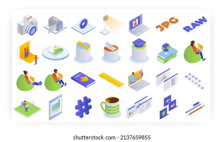 Copywriter isometric icon set, vector isolated illustration. Blogging, content management. Copywriting online course