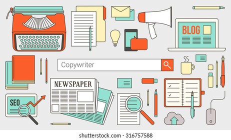 Copywriter, journalist and blogger banner with search bar, thin line objects and work tools on a desktop