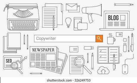 Copywriter, journalist and blogger banner with search bar, thin line objects and work tools on a desktop