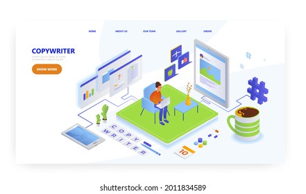 Copywriter, landing page design, website banner vector template. Blogging, content management.