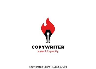 Copywriter Logo Pen in Fire Flame design vector template. Speed Writer service Logotype concept icon.