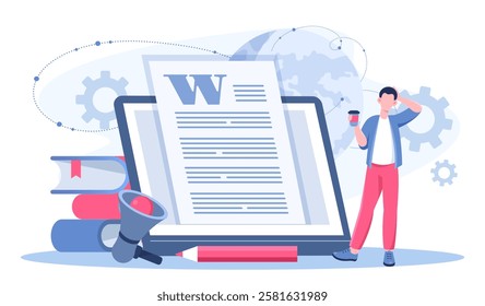 Copywriter man concept. Man with loudspeaker near tablet. Talented author and content creator. Creating content for social networks and Internet. Flat vector illustration