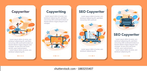 Copywriter mobile application banner set. Idea of writing texts, creativity and promotion. Making valuable content and working as freelancer. Vector illustration in cartoon style