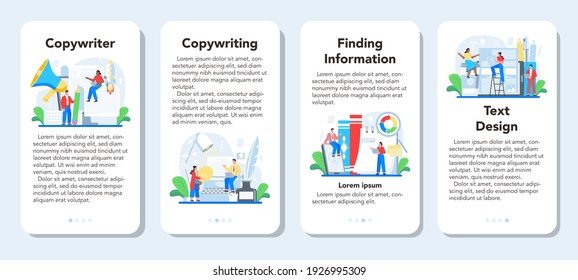 Copywriter mobile application banner set. Writing and designing texts, creativity and promotion idea. Finding information and making valuable content. Vector flat illustration