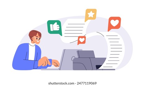 Copywriter, online journalist writing article on laptop. Creating blog content. Happy author composing post in social media. Copywriting concept. Flat vector illustration isolated on white background