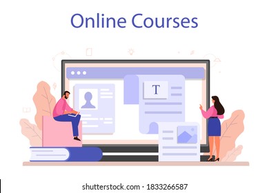 Copywriter online service or platform. Idea of writing texts, creativity and promotion. Making valuable content for ad. Online course. Vector illustration