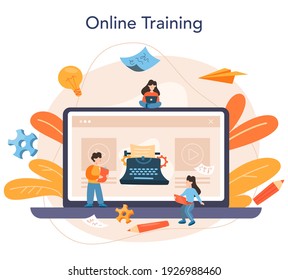 Copywriter online service or platform. Idea of writing texts, creativity and promotion. Making valuable content. Online training. Vector flat illustration