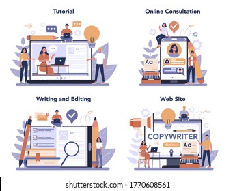 Copywriter online service or platform set. Idea of writing texts, creativity and promotion. Online tutorial, consultation, web site, writing and editing application. Vector illustration