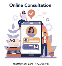 Copywriter online service or platform set. Idea of writing texts, creativity and promotion. Making valuable content. Online consultation. Vector illustration in cartoon style
