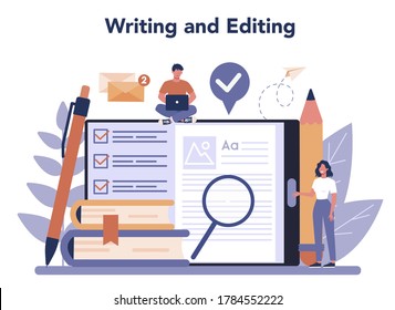 Copywriter online service or platform set. Idea of writing texts, creativity and promotion. Making valuable content. Writing and editing application. Vector illustration in cartoon style