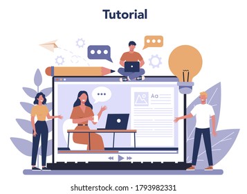 Copywriter online service or platform set. Idea of writing texts, creativity and promotion. Making valuable content. Online tutorial. Vector illustration in cartoon style