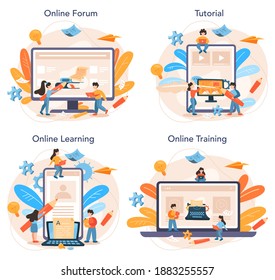 Copywriter online service or platform set. Idea of writing texts, creativity and promotion. Making valuable content. Online forum, tutorial, learning, training. Vector flat illustration