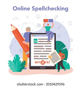 Copywriter online service or platform. Writing and designing texts for business promotion or press release. Online spell checking. Vector flat illustration