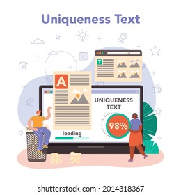 Copywriter online service or platform. Writing and designing texts for business promotion or press release. Online text uniqueness checking. Vector flat illustration