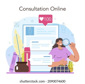 Copywriter online service or platform. Writing texts and layout designing for business promotion or press release. Online consultation. Vector flat illustration