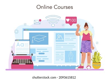 Copywriter online service or platform. Writing texts and layout designing for business promotion or press release. Online courses. Vector flat illustration