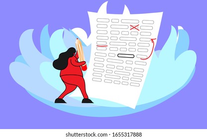 Copywriter with pencil near paper sheet, vector woman character writing text or editing text, author and document vector illustration