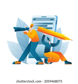 Un redactor de copias y un fotógrafo crean contenido sobre el fondo de un teléfono móvil. Ilustración vectorial sobre el tema de la promoción en redes sociales y la creación de contenido profesional.