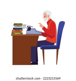 Copywriter or screenwriter typing text on a typewriter, flat vector illustration isolated on white background. Creative occupation of writing texts and screenplay.