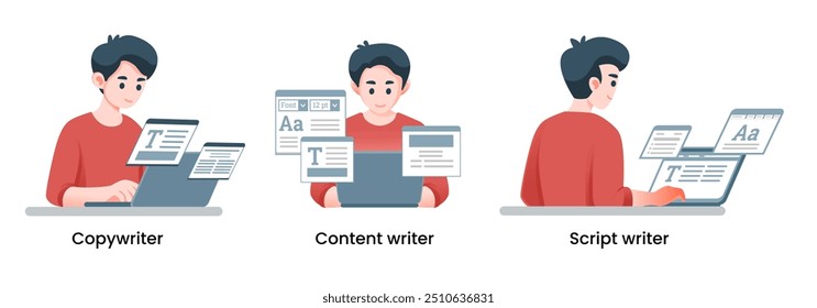 Copywriter scriptwriter content writer planner typing word document with laptop, simple flat vector illustration