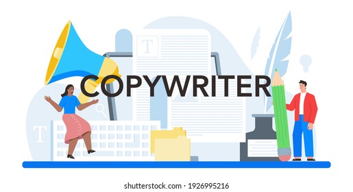 Encabezado tipográfico de redactor de copias. Escribir y diseñar textos, creatividad e ideas de promoción. Encontrar información y hacer contenido valioso. Ilustración plana del vector