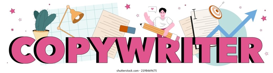 Copywriter typographic header. Writing texts and articles for business promotion or press release. Marketing materials and technology development. Vector flat illustration