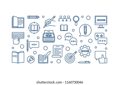 Copywriter vector horizontal concept illustration made with outline writing icons on white background