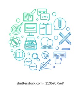 Copywriter vector round colored concept illustration made with outline writing icons on white background