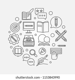 Copywriter vector round concept illustration made with outline writing icons
