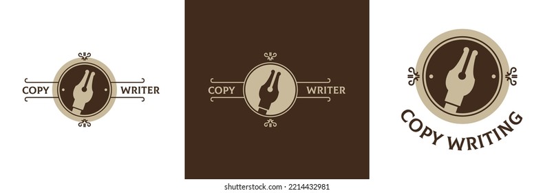 Copywriter vintage logo design set, retro content writing business symbol, fountain pencil emblem concept, classic pen, storytelling editable commercial logotype, story telling badge branding