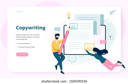 Copywriter web banner concept. Idea of writing texts, creativity and promotion. Making valuable content and working as freelancer. Isolated vector illustration in flat style