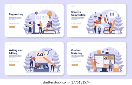 Copywriter web banner or landing page set. Idea of writing texts, creativity and promotion. Making valuable content and working as freelancer. Vector illustration in cartoon style