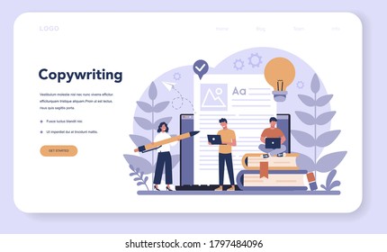 Copywriter web banner or landing page. Idea of writing texts, creativity and promotion. Making valuable content and working as freelancer. Vector illustration in cartoon style