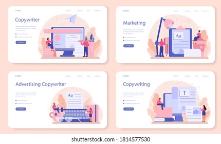 Copywriter web banner or landing page set. Idea of writing texts, creativity and promotion. Making valuable content and working as freelancer. Vector illustration in cartoon style