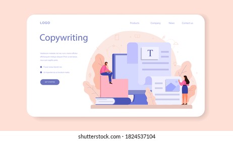 Copywriter web banner or landing page. Idea of writing texts, creativity and promotion. Making valuable content and working as freelancer. Vector illustration in cartoon style