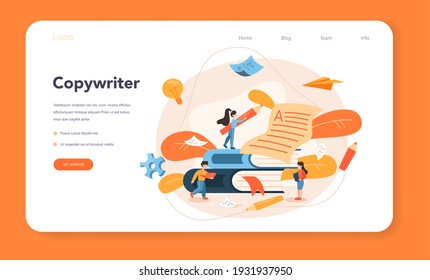 Copywriter web banner or landing page. Idea of writing texts, creativity and promotion. Making valuable content and working as freelancer. Vector illustration in cartoon style