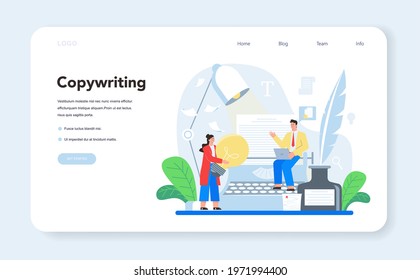 Copywriter web banner or landing page. Writing and designing texts, creativity and promotion idea. Finding information and making valuable content. Vector flat illustration