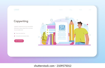 Copywriter web banner or landing page. Writing texts and layout designing for business promotion or press release. Finding information and making valuable content. Vector flat illustration