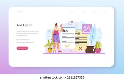 Copywriter web banner or landing page. Writing texts and layout designing for business promotion or press release. Finding information and making valuable content. Vector flat illustration