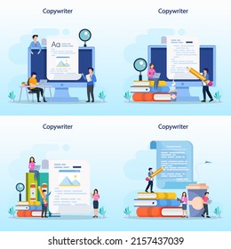 Copywriter web banner or landing page set. Idea of writing texts Flat vector