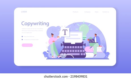 Copywriter web banner or landing page. Writing texts for business promotion or press release. Finding information and making valuable content. Marketing technology. Vector flat illustration