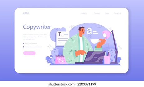 Copywriter web banner or landing page. Writing texts for business promotion or press release. Finding information and making valuable content. Marketing technology. Vector flat illustration