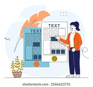 Copywriter work with text. Woman near sheets and writers feather. Copywriter creates interesting content and articles for websites and social networks. Linear vector illustration